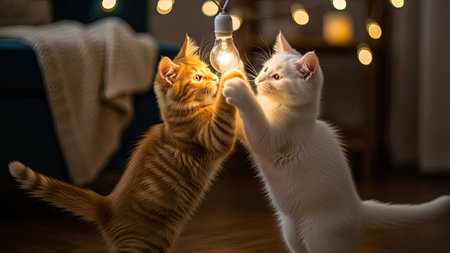 Two kittens interact playfully with a light bulb in a cozy indoor scene. One kitten is orange, the other is white. The composition features warm lighting and a soft focus. This image could be suitable for various commercial uses, illustrating themes of interaction or domestic life.の素材