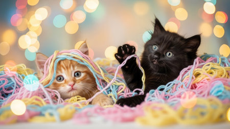 Two kittens, one ginger and one black, are surrounded by colorful yarn. The image displays a shallow depth of field with a bokeh effect in the background, featuring soft, glowing lights. This composition highlights the playful interaction and can be used for various commercial or editorial purposes.の素材