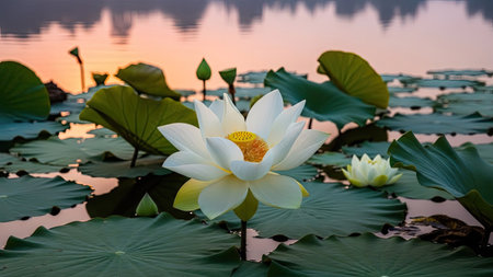A close-up captures a white lotus flower in full bloom, surrounded by large green lily pads. The background features a soft sunset reflecting on the water. The image displays natural lighting and a peaceful atmosphere, suitable for various editorial and commercial applications.の素材