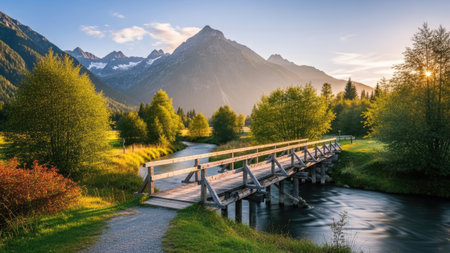 A wooden bridge spans a flowing river, leading towards a majestic mountain range. The scene is bathed in warm sunlight, highlighting the lush green foliage of the trees and surrounding landscape. The composition is balanced, suggesting serenity and offers visual appeal for diverse commercial applications.の素材