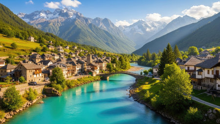 A vibrant landscape showcases a tranquil river winding through a valley, flanked by lush green hills and majestic mountains. A charming village with traditional buildings rests along the riverbanks, under a bright blue sky. This image's composition and vivid colors suggest it's suitable for various editorial and commercial applications.の素材