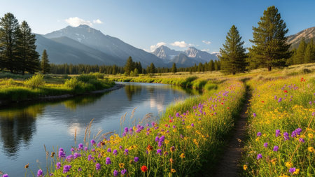 The image captures a picturesque landscape featuring a flowing river, lush greenery, and majestic mountains under a bright blue sky. The composition showcases a pathway lined with wildflowers. The scene is illuminated by sunlight, suggesting a daytime setting, and is suitable for various commercial and editorial applications.の素材