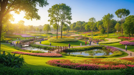 An overhead view reveals a park adorned with blooming flowers, winding paths, and reflecting ponds. The scene showcases green grass, vibrant floral beds, and mature trees, all bathed in soft sunlight. This image could be used for various purposes, including marketing or editorial content.の素材
