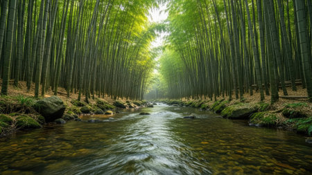 A river winds through a dense bamboo forest under a canopy of green. The image showcases tall, vertical trees and sunlight streaming through the leaves. The water reflects the natural light and the forest's colors. Suitable for various editorial or commercial uses, conveying a sense of peace.の素材