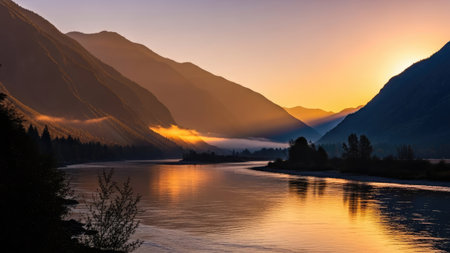 A scenic view captures mountains at dusk, with a river mirroring the warm hues of the setting sun. The composition highlights the natural landscape, featuring soft textures and a gradient of colors. This image could be suitable for various applications, including print or digital media for travel and environmental themes.の素材