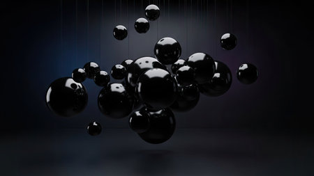 A dark, artistic rendering presents numerous glossy black spheres suspended in space. The composition emphasizes depth, with varying sizes and an interplay of light and shadow. The image uses a minimalistic style and could be suitable for various design projects, advertising campaigns, or conceptual visuals.の素材