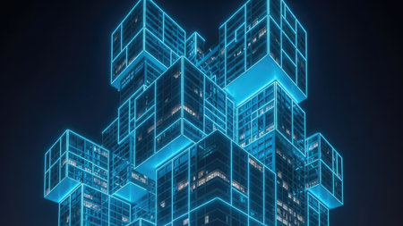 An abstract skyscraper design is depicted with interconnected cube-like structures. The building is illuminated by bright blue neon lights outlining each section. This futuristic architectural rendering against a dark backdrop suggests potential applications in technology, design, or conceptual art contexts.の素材