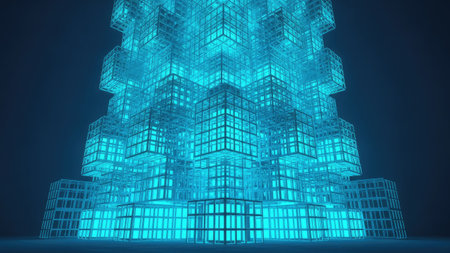 An artistic structure, formed by interconnected glowing cubes in shades of turquoise, is depicted. The overall composition suggests an abstract design, illuminated against a dark background. The scene may be used to represent technological or data-related concepts for commercial or illustrative purposes.の素材