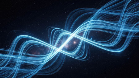 Dynamic blue energy strands curve and flow against a black backdrop, evoking a sense of movement. The composition features glowing lines that suggest motion and connectivity. Suitable for illustrating technological concepts and design projects, the image can be used for commercial and editorial purposes.の素材