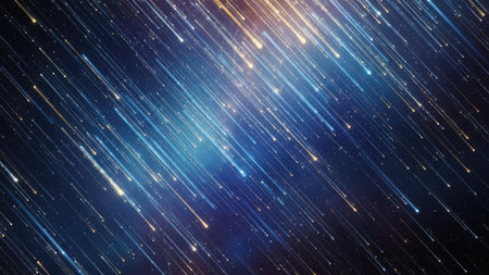 This abstract artwork showcases streaks of light cascading across a deep blue backdrop. The visual characteristics include blurred lines, with variations in brightness creating a dynamic effect. The composition evokes a sense of movement. This imagery is suitable for various commercial purposes, including website design and promotional materials.の素材