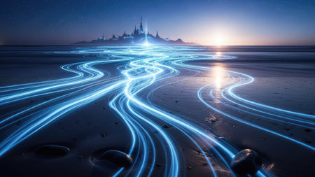 An artistic depiction of light trails converges towards a structure silhouetted against a setting sun. The composition presents smooth, flowing lines in vibrant blue, suggesting movement and energy. The scene is bathed in a soft glow of light, hinting at a natural setting or digital environment, potentially applicable for various editorial or commercial uses.の素材