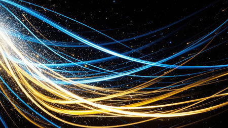 This abstract image features streaks of blue and yellow light against a black backdrop. The dynamic composition utilizes curved lines and suggests movement. The colors create contrast, while the overall style evokes a modern and technological theme. Suitable for various design and advertising projects.の素材