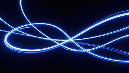 This image showcases abstract light trails in vibrant neon blue hues, set against a dark backdrop. The composition features flowing lines that create a sense of movement. The style suggests a futuristic or technological theme. Suitable for various design projects and digital art applications.の素材