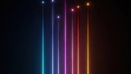 This abstract illustration features vertical light columns in a spectrum of vibrant colors, with glowing spheres at the top. The composition uses a dark background, highlighting the bright, clean lines. Ideal for design projects, it is suitable for various commercial uses, including digital art and visual storytelling.の素材