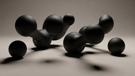 This image showcases an abstract molecular structure, visualized with interconnected black spheres. The composition emphasizes the shapes against a neutral, softly lit background, creating a sense of depth and dimension. Suitable for various applications, it could be used in scientific illustrations or conceptual designs related to technology.の素材