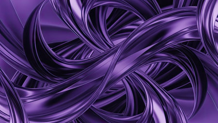 This image showcases an abstract design featuring flowing, swirling shapes in shades of purple. The artwork displays a glossy, metallic texture, and a high contrast composition. The background suggests a futuristic or technological context. Suitable for commercial purposes, this image could be used in design or visual media.の素材