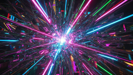 An abstract composition features a central light source emitting vibrant neon beams in a radial pattern. The artwork showcases a complex arrangement of reflective surfaces. The color palette includes bright shades of pink, blue, and green, suggesting a futuristic or digital theme. Suitable for creative projects and visual design.の素材