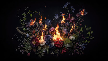 A vibrant floral arrangement is depicted against a dark backdrop, featuring flowers engulfed in flames. The artwork showcases a dramatic contrast of colors and textures, from the vivid hues of the blooms to the fiery glow. The image suggests a symbolic representation suitable for creative projects and editorial use.の素材