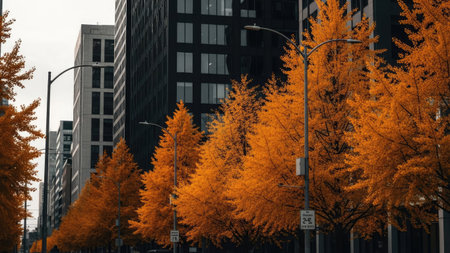 Rows of vibrant orange trees frame a city street, contrasting with modern high-rise buildings. The scene displays a linear composition, with overhead lighting creating long shadows. This outdoor shot presents potential for editorial use, suitable for illustrating urban nature and seasonal themes.の素材