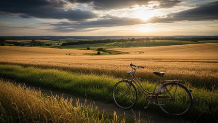 A bicycle rests on a dirt path, overlooking a vast field of wheat illuminated by the setting sun. The composition features a foreground of tall grass and a background of rolling hills under a cloudy sky. This landscape scene evokes a sense of tranquility and is suitable for various commercial uses.の素材