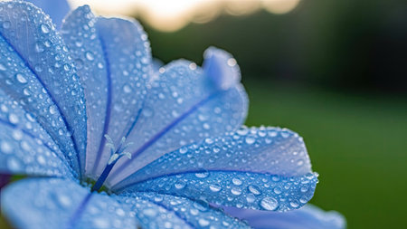 A striking close-up showcases a bright blue flower, its petals adorned with numerous water droplets. The image highlights the flower's delicate texture and form, set against a soft, out-of-focus backdrop of green and yellow. This photograph could be suitable for various commercial uses, including artistic designs or nature-themed illustrations.の素材