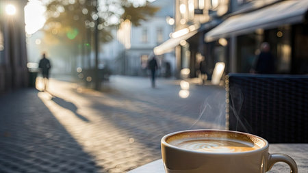 A close-up view presents a coffee cup filled with a hot beverage, steam rising from its surface. The background showcases a blurred street scene illuminated by warm sunlight. The image features soft focus and shallow depth of field, suitable for editorial and commercial use.の素材