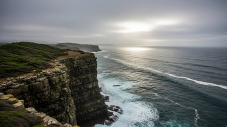 An aerial view presents a rugged coastline with a towering cliff overlooking the vast ocean. The scene features textured rock formations, lush greenery, and turbulent waves. The sky displays a dramatic overcast, with filtered sunlight. This image could be suitable for travel, nature, or environmental content.の素材