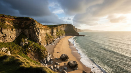 An aerial perspective shows rugged cliffs bordering a sandy beach, with ocean waves gently breaking. The natural landscape is bathed in warm sunlight, creating a dynamic interplay of light and shadow. Potential uses include environmental campaigns, travel promotions, or general nature publications, offering versatility.の素材