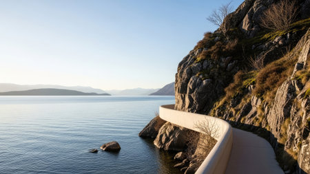 A winding pathway follows a rocky cliff edge, overlooking calm water and distant islands under a clear sky. The scene features natural light and a composition emphasizing the interplay between solid rock and open water. Suitable for various uses, this image could serve in travel or environmental publications.の素材