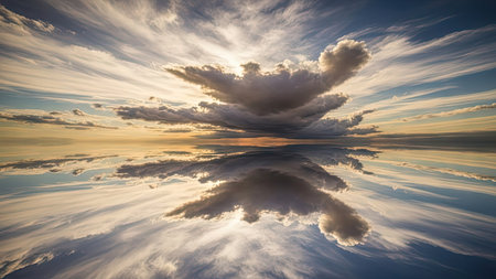 A striking cloud formation dominates the frame, mirroring in the still water below. The image features a blend of blues, whites, and golden hues, with a textured sky. This visual could be used for various commercial projects and editorial content, conveying serenity or the power of nature.の素材