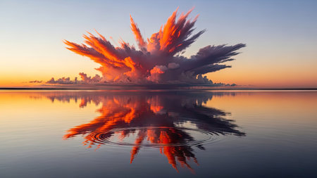 An impressive cloud structure, possibly a cumulonimbus, dominates the visual space, reflecting in calm water. The composition highlights a vibrant color palette of orange, red, and blue, suggesting a sunrise or sunset. This image could be used for various projects, including advertising or editorial content, emphasizing natural beauty.の素材