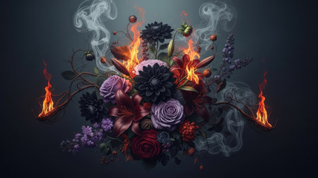 An artistic image presents a diverse floral composition with a dramatic interplay of fire and smoke effects. Dark flowers are central, with additional blooms in varied hues and textures. The overall style is stylized, set against a dark background, and features dramatic lighting. It could be useful for decorative, editorial or symbolic applications.の素材