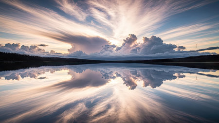 A stunning landscape presents a serene view of clouds reflected on a body of water. The sky displays hues of orange, blue, and white, with the water surface mirroring the cloud formations. This image suggests a peaceful setting. It could be useful for various commercial and artistic projects.の素材