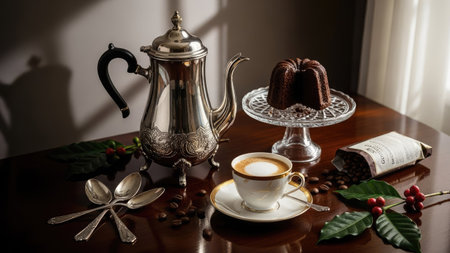 A refined composition displays a silver teapot, coffee cup, and a small cake on a wooden surface. Warm lighting casts shadows, highlighting textures and details. This still life scene suggests a setting of sophistication and could be suitable for lifestyle and culinary publications or promotional materials.の素材