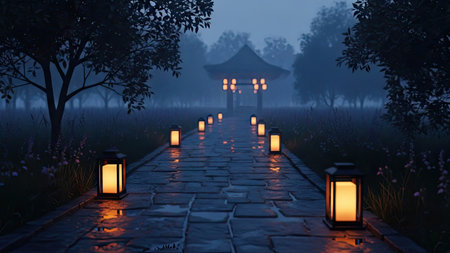 A stone pathway, lined with glowing lanterns, leads towards a distant pavilion in a tranquil garden setting. The scene is bathed in cool, atmospheric lighting, with soft textures and subdued colors creating a calm atmosphere. This image could be used for various projects needing a serene, contemplative feel, for both commercial and editorial purposes.の素材