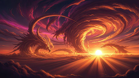 An imaginative artwork depicts a dragon silhouette against a vibrant sunset sky. The scene showcases swirling clouds and dramatic lighting, emphasizing the mythical creature. This artistic composition is suitable for various commercial purposes, including illustrations, digital art, and design projects.の素材