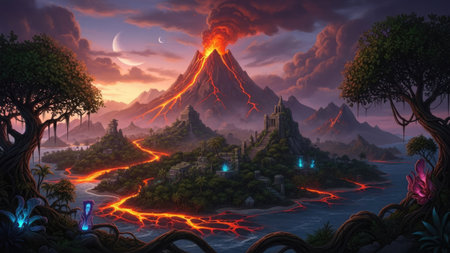 An illustration depicts a volcanic landscape with fiery eruptions and flowing lava. The scene is illuminated by twilight colors, with a dramatic sky and prominent clouds. Trees frame the composition. This image is suitable for various commercial applications, including editorial and artistic projects.の素材