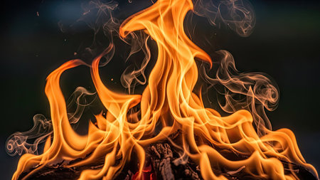 Dynamic flames in vibrant orange and yellow hues dance against a blurred dark backdrop. The image showcases flowing textures, possibly from combustion, captured with close-up focus. Ideal for illustrations or designs requiring visual impact, the subject matter may apply for diverse uses.の素材