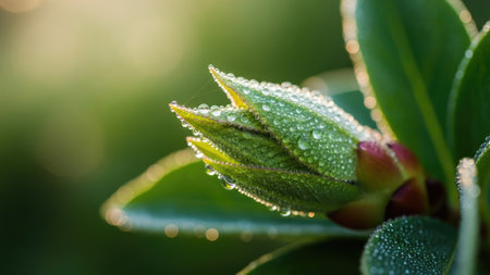 A macro shot features a plant bud, covered in tiny water droplets, against a soft, blurred green background. The image showcases the bud's intricate textures and vibrant green color, with sunlight creating a soft, warm glow. This image could be suitable for various commercial or editorial uses, such as illustrating nature.の素材