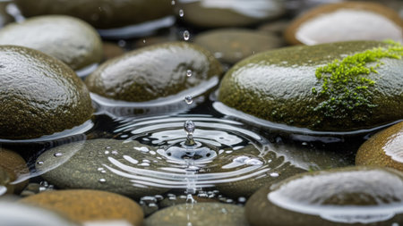 This image showcases a collection of smooth, wet stones partially submerged in water. The stones exhibit a range of colors and textures, reflecting light with a subtle sheen. Water droplets create concentric circles, enhancing the visual effect. It could be used for various commercial projects related to nature, relaxation or design.の素材