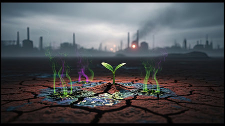 A new plant sprouts from dry, cracked earth with an industrial cityscape in the background. The image presents muted colors, featuring an overhead perspective. The environment suggests an outdoor setting, potentially symbolizing growth. This image could be used for various commercial projects related to environmental issues or concepts.の素材