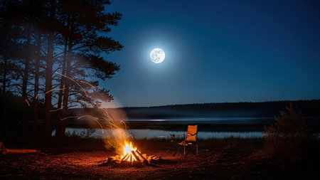 A campfire blazes brightly beneath a full moon, casting light across a tranquil lake. The composition features a dark, forested shoreline with a solitary chair. Warm hues of fire contrast with the cool blues of the night sky. Suitable for illustrating themes of camping, nature, and relaxation for editorial or commercial projects.の素材
