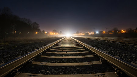 An image captures railroad tracks extending towards a distant, bright light source under a dark, nighttime sky. The composition features a linear perspective, emphasized by the parallel rails. The scene possibly depicts an outdoor environment, with elements of fog or mist present. Suitable for various commercial and editorial projects.の素材