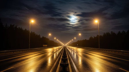 A nighttime view depicts an illuminated road extending towards the horizon. The composition features rows of streetlights casting a warm glow on the wet asphalt. A darkened forest borders the road while the cloudy sky shows a dim moonlight. Suitable for various editorial and commercial applications.の素材
