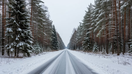 An image captures a snow-covered road winding through a forest of tall evergreen trees. The scene is dominated by white and gray hues, with the trees lining the road creating a symmetrical composition. The overcast sky suggests a cold, potentially snowy day, suitable for various editorial and commercial applications.の素材
