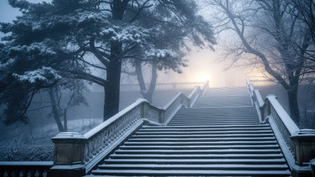 A snow-covered staircase ascends through a park shrouded in mist and fog. The scene displays a cool color palette with the white snow contrasting with the darker tree trunks. The composition evokes a sense of mystery and tranquility, ideal for a variety of editorial or commercial applications.の素材