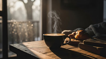 A cup of coffee sits on a wooden table, steam rising gently. Sunlight streams through a window, illuminating the scene and creating a warm ambiance. The image showcases a still life with warm colors, texture, and natural lighting. This image may be suitable for illustrating concepts of comfort, morning rituals, or lifestyle in various commercial contexts.の素材