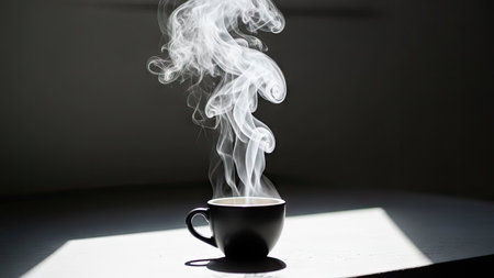 A close-up view depicts a dark cup of coffee releasing steam. The image presents a contrasting interplay of light and shadow, with the steam illuminated by sunlight. This visual may be suitable for illustrating concepts like morning rituals, relaxation, or warmth, potentially for commercial applications.の素材