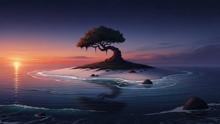 An illustration depicts a solitary tree perched on a small island, bathed in the warm glow of a setting sun. The scene showcases vibrant colors, with shades of orange, purple, and blue dominating the sky and water. The artwork utilizes soft textures and highlights to suggest a peaceful ambiance, suitable for various design projects and editorial uses.の素材