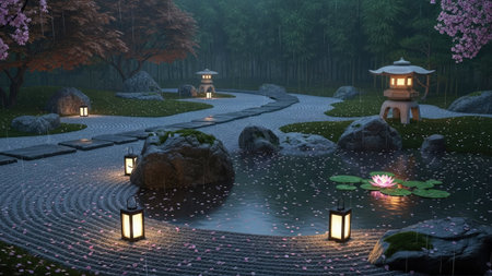 This image depicts a serene Japanese garden scene, illuminated by stone lanterns and featuring a water element with lily pads. The composition highlights a pathway, rocks, and stylized raked gravel. The overall tone is peaceful with soft lighting and cool colors, suitable for editorial or commercial applications.の素材